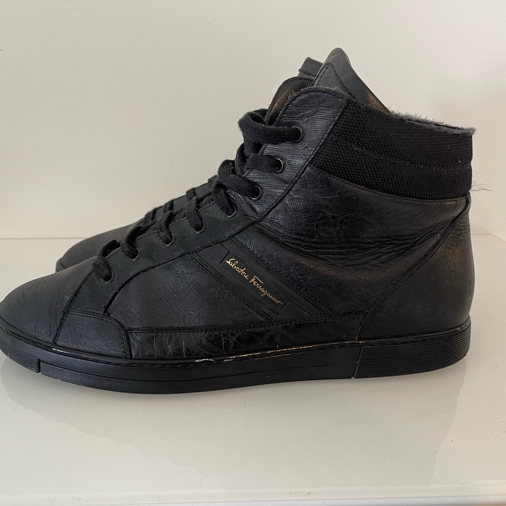Ferragamo Hightop Black Leather Sneaker. Size 11 US Men.